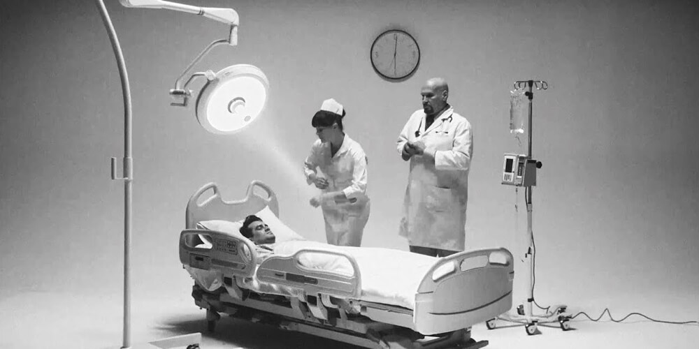 Black and white -doctor and a nurse in front of a person in hospital bed